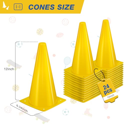 12 Inch Sports Cones Set of 24,Durable Training Cones for Soccer,Football, Basketball Drills - Multi-Purpose Agility Cones for Indoor & Outdoor Practice - color: yellow