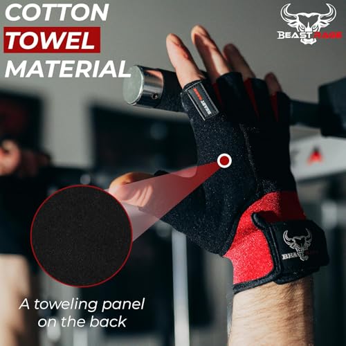 BEAST RAGE Workout Gloves for Men, Durable Palm Grip Gym Gloves Women Half Finger Elasticated Training Weight Lifting Strength Bodybuilding Anti Slip Cycling Gloves Exercise - color: Red, size: X-Large