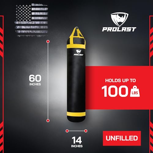 Heavy Punching Kicking Bag for Adults, Boxing, MMA, Martial Arts, Muay Thai, Strength Training Equipment, Filled, 5ft, 100 lbs, Colored Strap and Rhino Logo - color: Yellow / Black, size: Unfilled