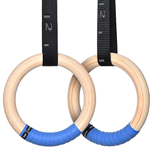 PACEARTH Gymnastics Rings Wooden Olympic Rings 1500/1000lbs with Adjustable Cam Buckle 14.76ft/9ft Long Straps with Scale Non-Slip Gym Rings for Home Gym Full Body Workout - size: 1.1" (28MM) Rings & Straps