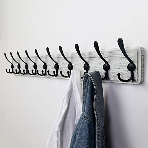 Dseap Coat Rack Wall - Heavy-Duty 38-1/4" Long, with Reinforced 10 Custom Tri-Hooks, Solid Wood Wall Hanger for Coats Hat Jackets - Rustic Farmhouse Entryway Hallway Storage, White & Black - color: White & Black, size: L=38.3"