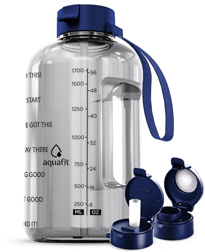 AQUAFIT Half Gallon Water Bottle with Time Marker - Straw & Chug Lid - BPA Free Gym Water Bottle with Straw - Big Gallon Jug (Clarity, 64 oz - 2 Lids) | BPA Free 64 oz Water Bottle with Straw and Chug Lids - Leakproof Gym Water Bottle with Carry Handle (C