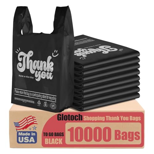 Glotoch 10000 (10K) Count Plastic Thank You T-shirt Bags Black, 11.5 x 6.5 x 21" Grocery Shopping Bag with Handles for Restaurant, Retail, Togo, Takeout, Convenience Stores, in Bulk for Small Business - color: Black Thank You, size: 10000 Count