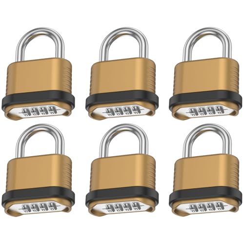 6 Pack Heavy Duty Combination Lock Outdoor, 4-Digit Weatherproof Combo Lock | Resettable Brass Combination Padlock for Gate, Locker, Shed, Garage, Fence, Gym, Storage Unit - color: Gold