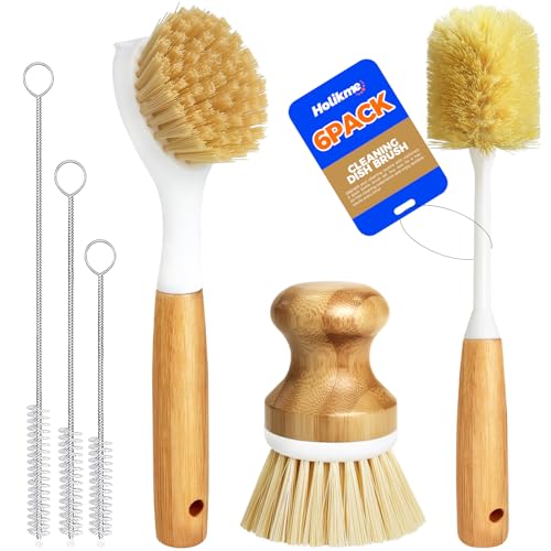 Holikme 6 Pack Dish Brush Kitchen Brushes Set with Vegetable Palm Brush, Bottle Brush, Dish Brush and Straw Brush, Fruit Cleaning Brushes for Cleaning Potato, Amarillo - color: Amarillo