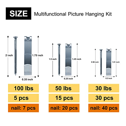 117Pcs Picture Hangers, 3 Size Picture Hooks Including 30/50/100lbs, Picture Hanging Kit, Professional Plaster Picture Hanging Kit for Wooden Wall or Drywall(50 Hangers+ 67 Nails) - size: Silver30- 100lbs