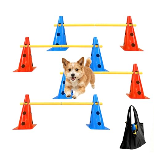 TNZMART Dog Agility Jumps Hurdles and Weave Poles Training Equipment Set Adjustable Dog Cones Obstacle Course for Backyard Portable Canine Exercise Kit with Carry Bag (Mix 4, 13 in) - size: 13 in