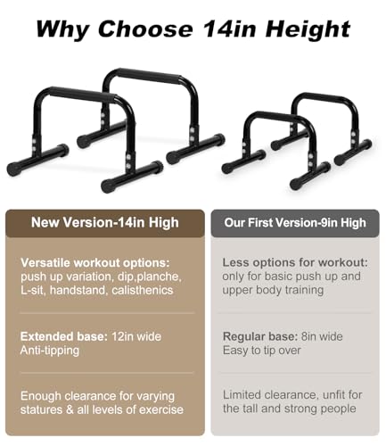 TABEKE Push Up Bar, 14'' High Steel Parallettes & Dip Bar with Full Coverage Foam Handle, Heavy-Duty Calisthenics Parallel Bars for L-Sit, Dips, Home Gym Strength Training Workout - color: Black