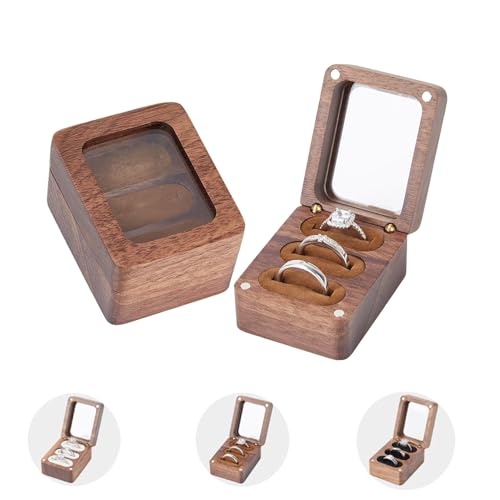 Walnut Ring Box 3 Slot - Clear Acrylic Window Display, Magnetic Closure Keepsake Jewelry Holder for Wedding Proposal Engagement Ceremony Anniversary Birthday Gift - color: A-Brown