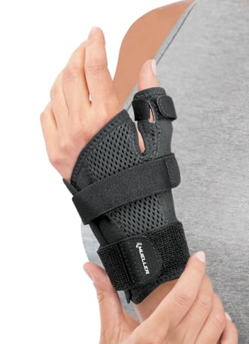 MUELLER Sports Medicine Adjust-to-Fit Thumb Brace, Spica Splint, Thumb Pain Relief Stabilizer for Men and Women, Ideal for De Quervain's Tenosynovitis, Arthritis, Sprains, Fits Right or Left, Black, One Size - size: 1 Count (Pack of 12)