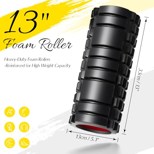 Foam Roller - 13'' Multi-Density Massage Roller for Deep Tissue & Muscle Recovery - Relieves Tight, Sore Muscles & Kinks, Improves Mobility & Circulation - Targets Key Body Parts (Black) - color: Black