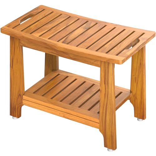 24" Large Teak Shower Bench with Shelf & Handle - Waterproof Spa Stool, Non-Slip Leveling Feet & 300 lbs Capacity - for Showers, Saunas/Steam Rooms & Outdoor Pools (Patented) - size: 24"W x 13" Dx 18"H