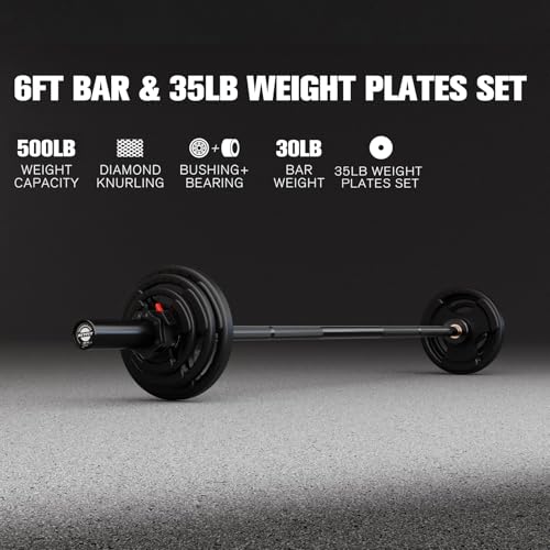 RitFit Barbell Weight Set - 4/6FT Olympic Barbell with Weight Plates (55-115LB Total) - Weightlifting Equipment for Squats, Curls, Deadlifts, Presses, Hip Thrusts - color: Black, size: 6FT With 35LB Plates