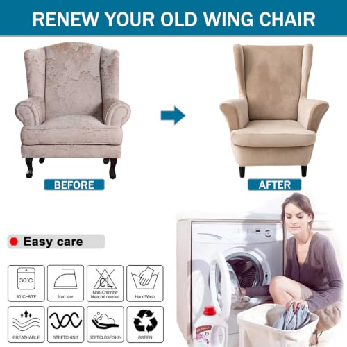 NILUOH Thick Velvet Wingback Chair Slipcovers 2-Piece, Stretch Wing Chair Covers Soft Sofa Slipcover Wing Back Armchair Cover Furniture Protector for Living Room - color: Khaki