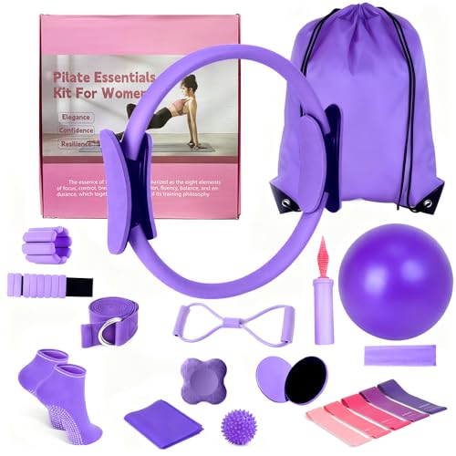 Pilates Equipment Set for Home Workouts –15in1 Home Pilates Kit with Ring and Ball Set, Resistance Bands, Pilates Yoga,Core Sliders & Ankle Weights, Pilates Essentials Kit - color: Purple