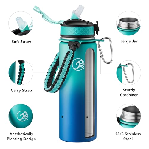 GOSWAG 24oz Insulated Stainless Steel Travel Water Bottle, 2 Lids | with straw and no straw, Paracord handle, Double-wall vacuum keeps drinks cold or hot, Leakproof tumbler - color: Green-Blue Ombré