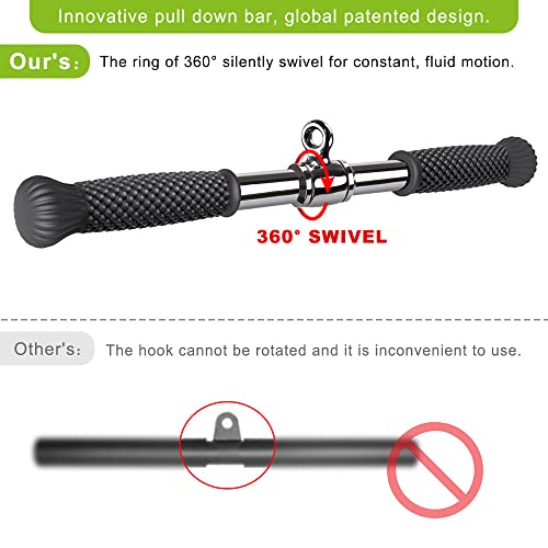 SELEWARE Rotating Straight Bar, Tricep Rope, Double D Row Handle, Rotating V Handle, Cable Machine Attachment with Non-Slip Soft Rubber Grip, Universal Attachment for Cable Machines - color: 18" Silver Rotating Straight Bar W/ Convex Rubber Handle