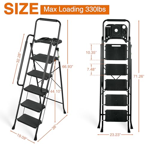 Arbusb Step Ladder, Folding Step Stool with Wide Anti-Slip Pedals, Sturdy Steel Ladder with Handrail, Space-Saving, Portable for Home & Adults, 5 Step Ladder - size: 5-step
