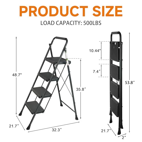 Arbusb Step Ladder, Folding Step Stool with Wide Anti-Slip Pedals, Sturdy Steel Ladder with Handrail, Space-Saving, Portable for Home & Adults, 4 Step Ladder - size: 4-step
