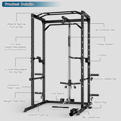 ULTRA FUEGO Power Cage, Multi-Functional Power Rack with J-Hooks, Dip Handles, Landmine Attachment and Optional Cable Pulley System for Home Gym - size: 240LB Weights Package,black