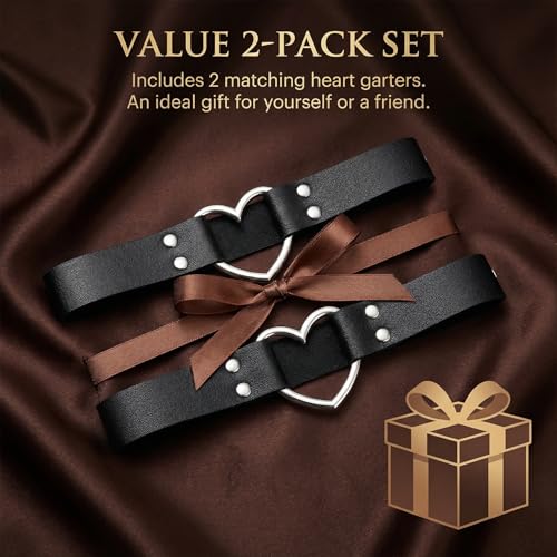 2Pcs Leather Thigh Garter, Adjustable Black Thigh Straps, PU Leather Heart Garter Belt for Women, Elastic Leg Ring Garters for Cosplay Parties Music Festival