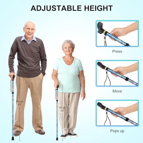supregear Folding Cane, Lightweight 5-Level Adjustable Walking Stick with Wrist Strap and T-Handle, Portable Mobility Aid for Elderly and Disabled Men and Women - color: Floral Blue