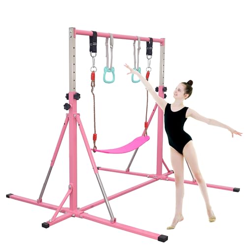 FC FUNCHEER Foldable Gymnastics Bar,5FT Horizontal bar,Adjustable Kids Training bar for Kids Ages 3-15,Kids Gymnastics bar,Triangle Stable Structure-Gym Equipment for Home - color: Pink, style: Bar-Swing-Rings