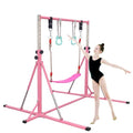 FC FUNCHEER Foldable Gymnastics Bar,5FT Horizontal bar,Adjustable Kids Training bar for Kids Ages 3-15,Kids Gymnastics bar,Triangle Stable Structure-Gym Equipment for Home - color: Pink, style: Bar-Swing-Rings