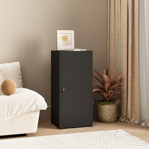 MIOCASA Metal Storage Cabinet with Lock, 3 Adjustable Shelves Single Door Steel Locker for Home, Office & Garage (Black) - color: Black