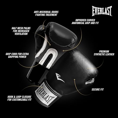 Everlast Prostyle 2 Youth Boxing Gloves, Entry Level Training Gloves for Men and Women, Secure Fit Hook and Loop Closure & Ventilation, Heavy Bag & Speedbag Training. - color: Black