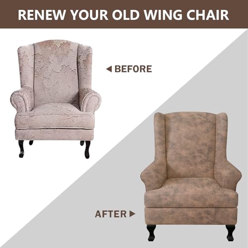 ANARACHON Leather Look Wingback Chair Covers, 2-Piece Wing Chair slipcover,Stretch Wing Back Armchair Slipcovers with Elastic Bottom, Soft Spandex Furniture Protector for Living Room (03 Light Brown) - color: Light Brown #3