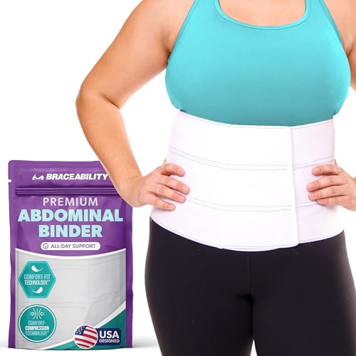 BraceAbility Plus Size Abdominal Binder for Post Surgery Recovery - Bariatric Stomach Hernia Belt, Post Partum Waist Binder, Diastasis Recti Belly Support Band for Bigger Men and Women (3XL 9") - size: 3XL 9"