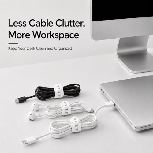 PZOZ Silicone Cable Ties 10 Pack, Reusable Cable Organizer Straps for Cords | Soft Silicone Design with Reusable Strap, Organize Charging Cables, Headphones & Power Cords for a Clean Workspace - color: White