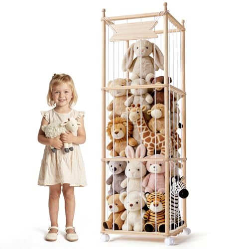Ostutry Stuffed Animal Storage with Wheels - Wood Stuffed Animals Organizer Holder Zoo Large Capacity Plush Toy Cage with Elastic Band for Playroom, Bedroom, Nursery