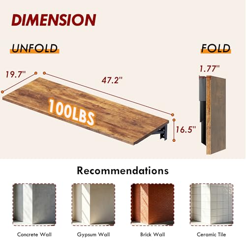 Need Wall Mounted Folding Table, 47x20 Inch Fold Down Wall Mount Desk Heavy Duty Small Folding Wall Table for Laundry, Home Office, Small Apartments, Rustic Brown & Black Frame - color: Rustic Brown Desktop & Black Shelf Brackets, size: L47.2" * W20"