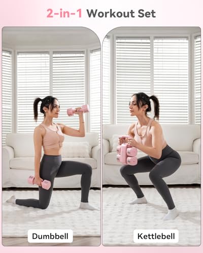 2-in-1 Adjustable Dumbbell & Kettlebell Set for Women (1.1-12.1 lbs), Quick-Change Free Weights for Home Gym, Pilates & Full Body Workout - color: Pink, style: Set