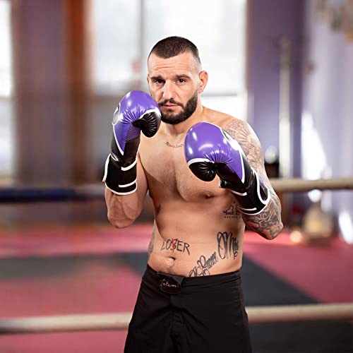 Kruzak Premium Boxing Gloves and Focus Mitts Set for Kickboxing and Muay Thai MMA Training| Focus Pads and Training Gloves | Fitness Kit for Martial Arts & Karate | 08, 10, 12, 14, 16 oz Gloves - color: Black and Purple, size: 14 oz