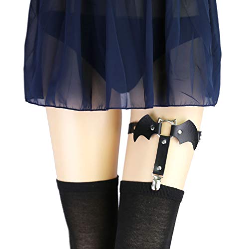 Adjustable Elastice 2 Rows Leather Leg Harness Garter Belt Punk Gothic Thigh Ring Garter - color: Black Bat Shape With Clip