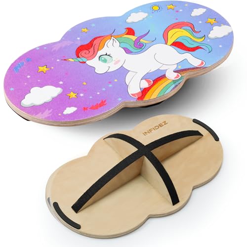 Wooden Balance Board Kids, Wobble Board For Balance, Balance Board Toddler Supporter, Balance Boards for Stability and Core Training - color: 3. Cross base- Unicorn