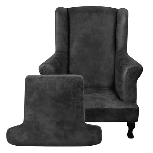 ANARACHON Leather Look Wingback Chair Covers, 2-Piece Wing Chair slipcover,Stretch Wing Back Armchair Slipcovers with Elastic Bottom, Soft Spandex Furniture Protector for Living Room (Dark Grey #2) - color: Dark Grey #2