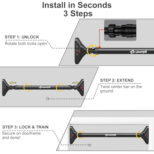 Adjustable Doorway Pull Up Bar No-Screw 440lbs | Fits 29.1-37.4in (74-95cm) door frames with 360° lock & foam pads + 2 spare pads. Home chin-up - color: Charcoal