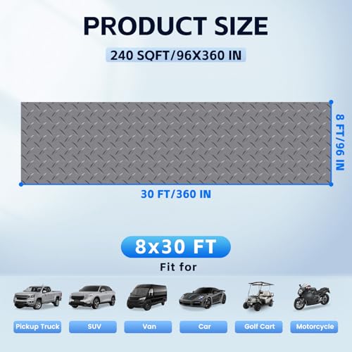 StellarStar 8x30 FT Garage Floor Mat, 2.8mm Thickened PVC Flooring Roll for Under Car, 240 SQFT Diamond Plate Gray Garage Mats for Garage, Warehouse, Basement, Factory, Trailer (Include Tapes) - color: Gray, size: 8x30 FT