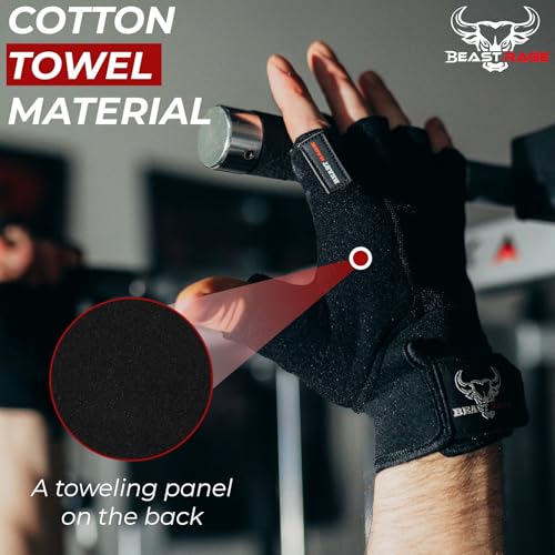 BEAST RAGE Workout Gloves for Men, Durable Palm Grip Gym Gloves Women Half Finger Elasticated Training Weight Lifting Strength Bodybuilding Anti Slip Cycling Gloves Exercise - color: Jet Black, size: X-Large