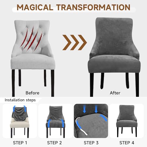 Velvet Wingback Dining Chair Cover Soft Stretch Accent Chair Cover Slipcover Thick Plush Wing Back Chairs Covers Furniture Protect Washable Chairs Protector Covers for Dining Room (Dark Grey, 2) - color: Dark Grey