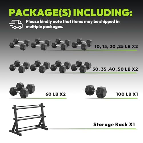 HANDBODE Rubber Coated Hex Dumbbell Set with Rack, 300-840 lb | Fixed Weights Sets with Heavy Duty Storage Stand, Multiple Weight Options Home Gym Equipment for Strength Training - style: 670 lb Set (10-100 lb) with Rack