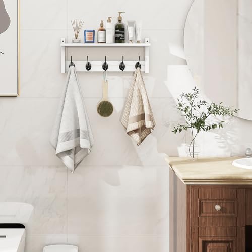 Homode Wall Shelf with Hooks, Coat Rack Wall Mount with Pegs, Hanging Entryway Coat Hanger, Wood and Iron Shelf for Bathroom, Hallway, Bedroom, White - color: White, size: 17.1 Inch Long