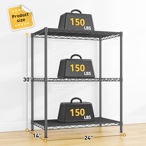 3 Tier Storage Shelves Metal Shelving Unit,Adjustable Wire Rack Pantry Kitchen Shelves,Small Shelf Wire Shelving for Laundry Office Bedroom Dorm Bathroom Closet 24" W x 30" H x 14" D Black Shelves - size: Black-24" W x 30" H x 14" D