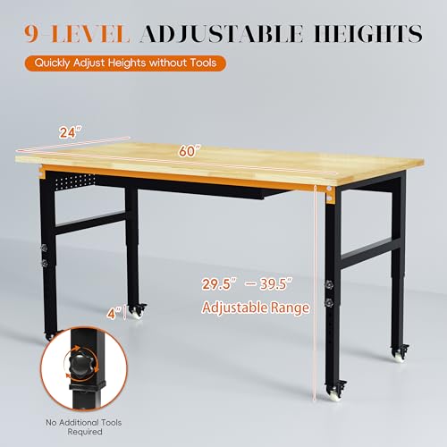 Betterhood 60" Adjustable Workbench on Wheels, 2000 LBS Heavy Duty Work Table with Power Outlets & Pegboard, Rubber Wood Workstation for Garage, Workshop, Office, Home, Commercial - size: Metal Wheels / Power Outlets / Drawer / 60"x24"