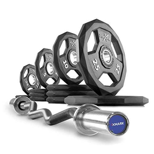 XMark Olympic Bar Curl Bar with Weights Offer, Olympic Weights Pair or Set of BLACK DIAMOND Olympic Weight Plates, Premium Quality, Rubber Coated with EZ Curl Bar, Black Manganese 25mm XM-3670.1 - color: 06) BAR and 115 lb Set