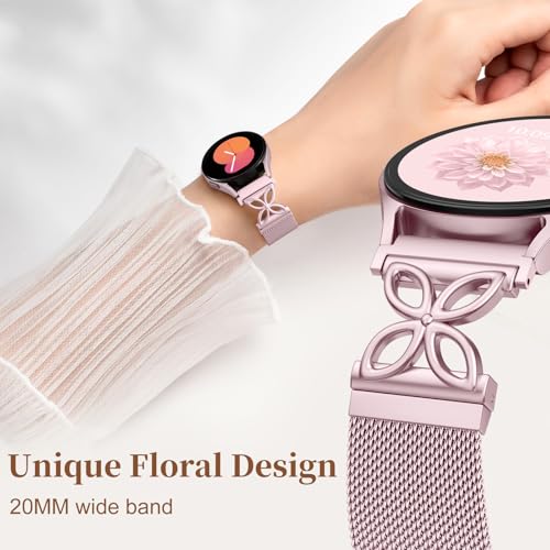 Getino Magnetic Metal Strap Compatible with Galaxy Watch 7 Band, Galaxy Watch 6 Classic Band FE 5 Pro 4 Active 2, 20mm Milanese Floral Dressy Wristband for Samsung Watch Bands Women 40mm 44mm 45mm - color: Rose Pink